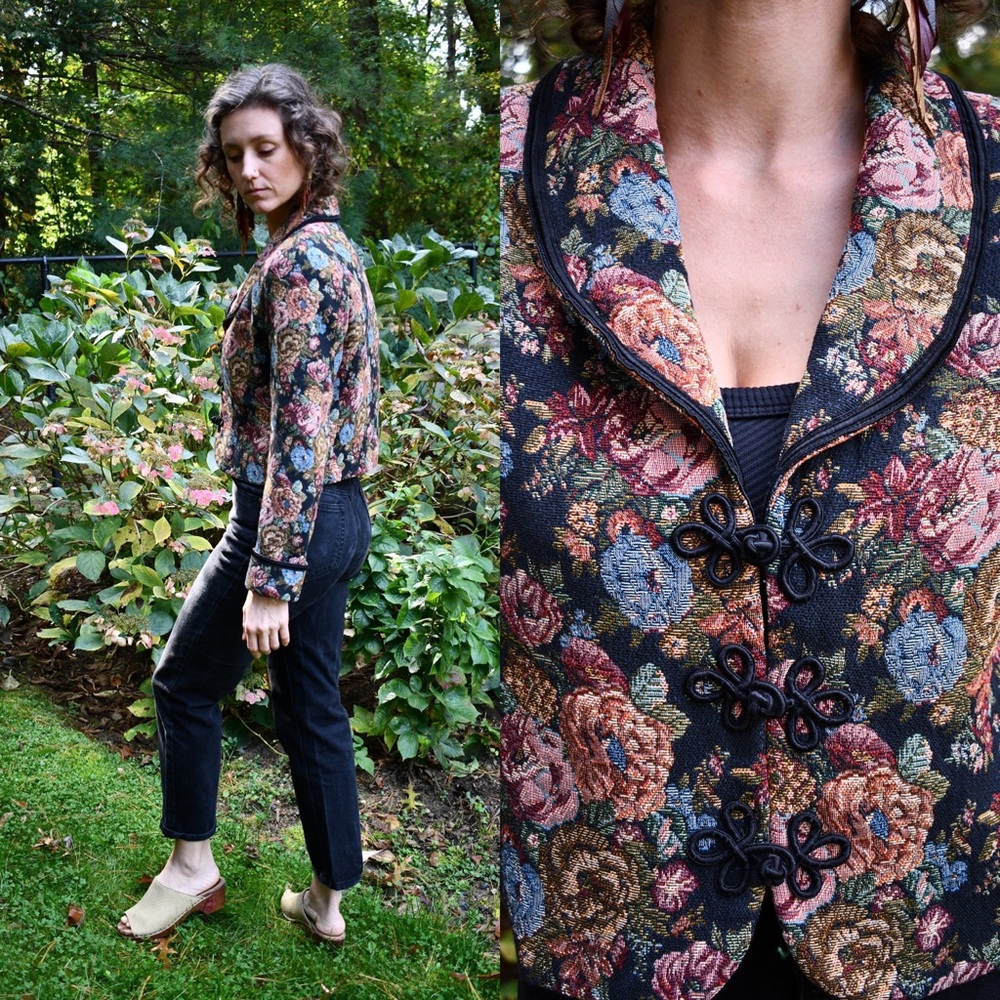 Vintage Cropped Floral Tapestry Jacket by Doncaster | 90s | Small